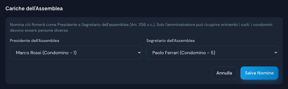 Schermata EasyCondo: cariche assemblea con presidente e segretario nominati