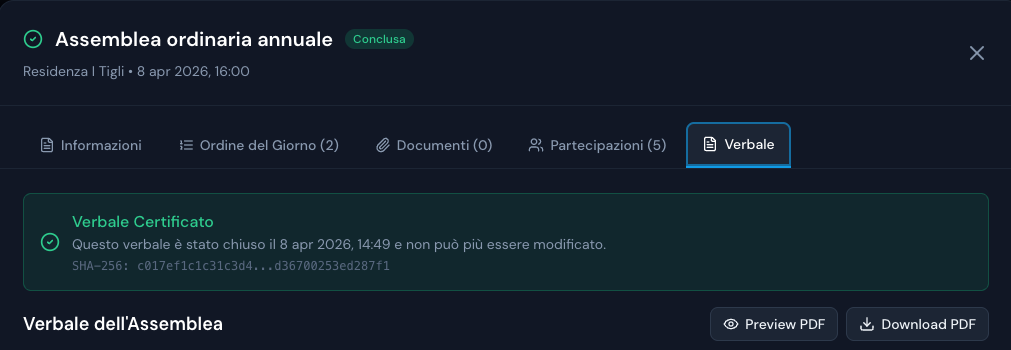 Schermata EasyCondo: assemblea conclusa con icona documento per generazione report PDF