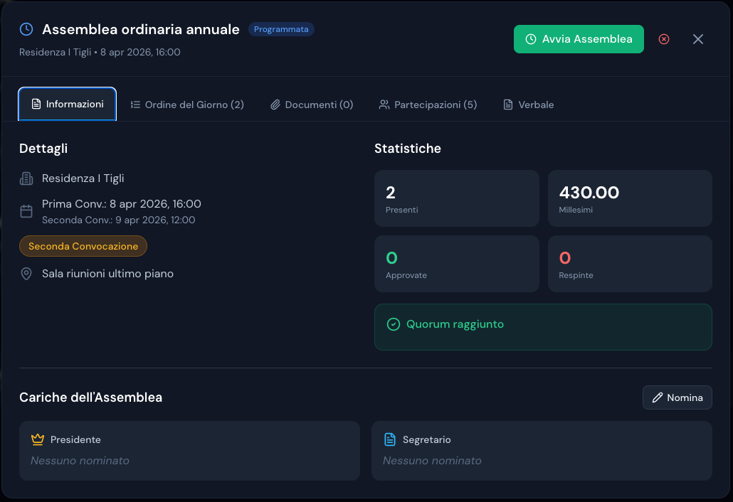 Schermata EasyCondo: seconda convocazione quorum raggiunto deliberazioni consentite