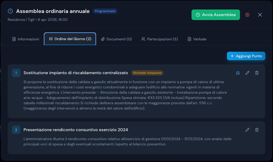 Schermata EasyCondo: ordine del giorno assemblea con punti ODG, allegati e pulsanti Docs