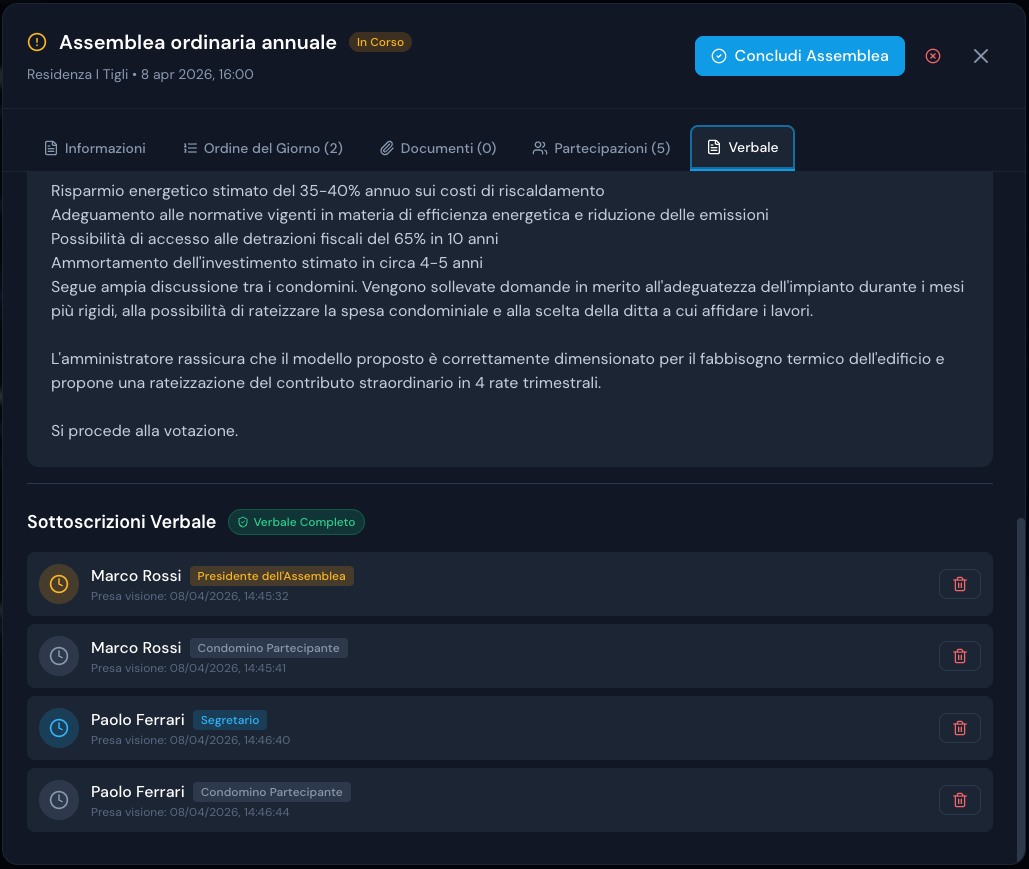 Schermata EasyCondo: verbale assemblea con sezione sottoscrizioni condòmini