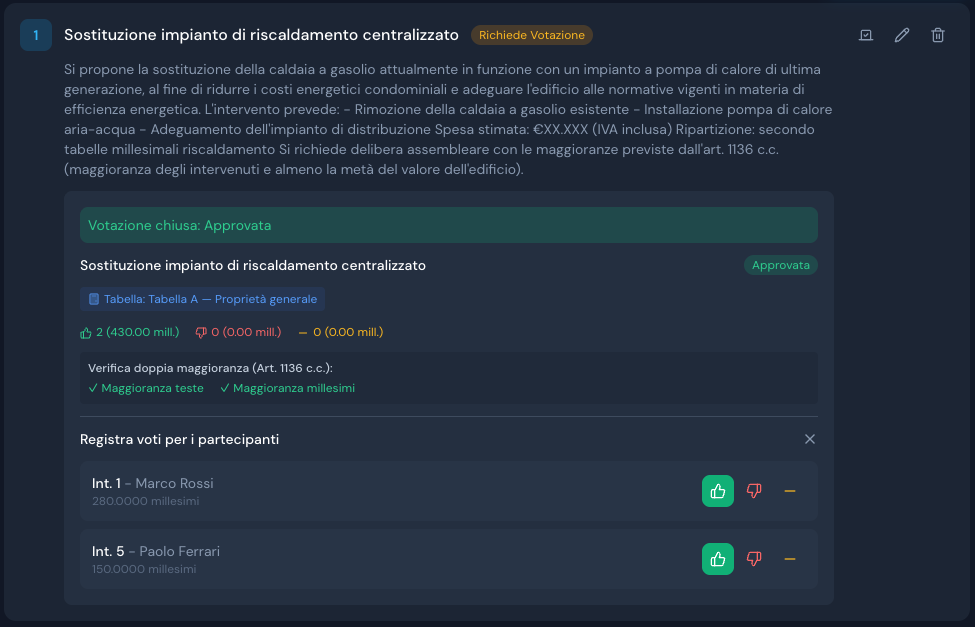 Schermata EasyCondo: votazione terminata con esito approvato o respinto sul punto ODG