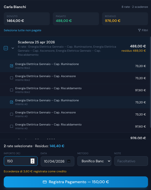 Schermata EasyCondo: selezione multipla di rate condominiali con importo del bonifico superiore al dovuto e calcolo automatico del residuo