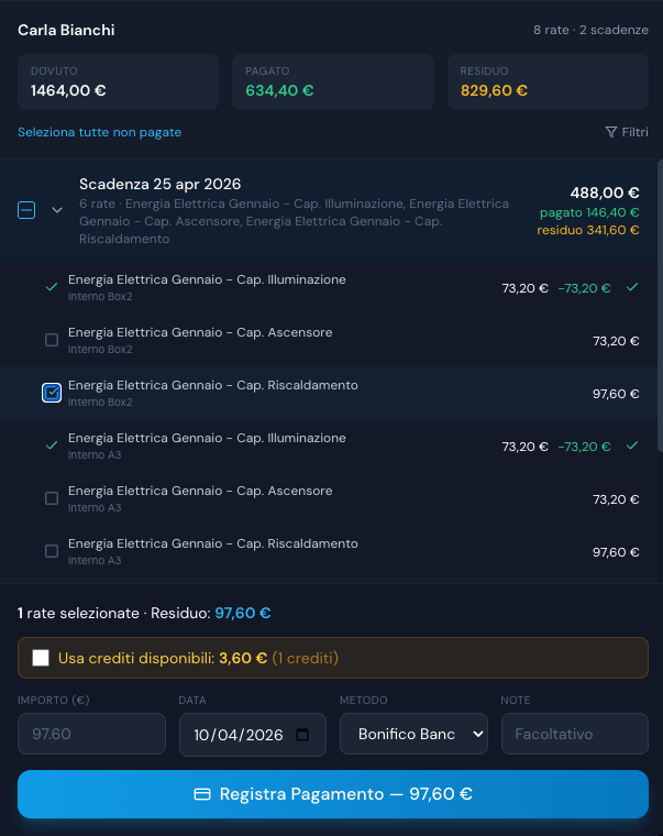 Schermata EasyCondo: credito residuo generato da un pagamento precedente visibile nella registrazione della rata successiva