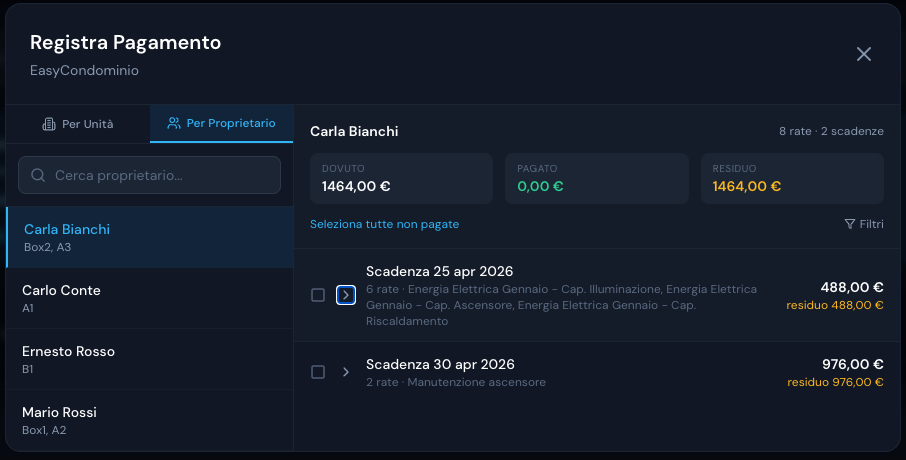 Schermata EasyCondo: modale Registra Pagamento con tab Per Unità e Per Proprietario, lista proprietari e riepilogo contabile