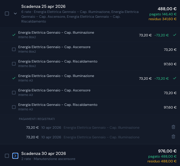 Schermata EasyCondo: lista rate condominiali con stati misti - pagamenti completati in verde, residui in arancione e rate non saldate